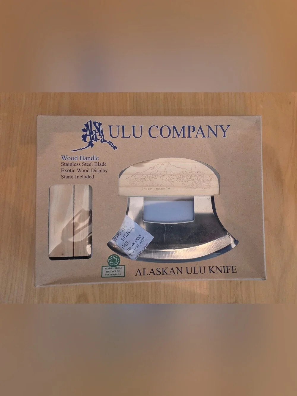 Alaska Ulu Company Knife Stainless Steel Blade Wood Handle & Stand Souvenir New